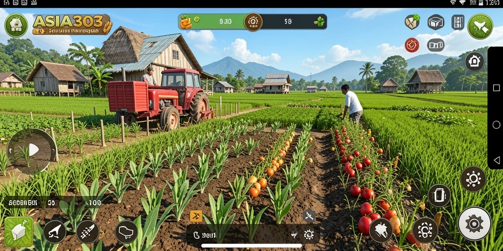 Screenshot gameplay ASIA303 menampilkan pertanian yang hijau dan subur.