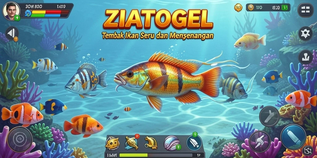 Screenshot utama ZIATOGEL menampilkan aksi seru Tembak Ikan.
